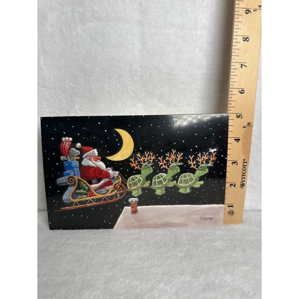 Vintage Donato Christmas Card Santa Sleigh Turtles Golf Unisex OS Black Like New